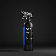 Black spray bottle with blue label on a black background